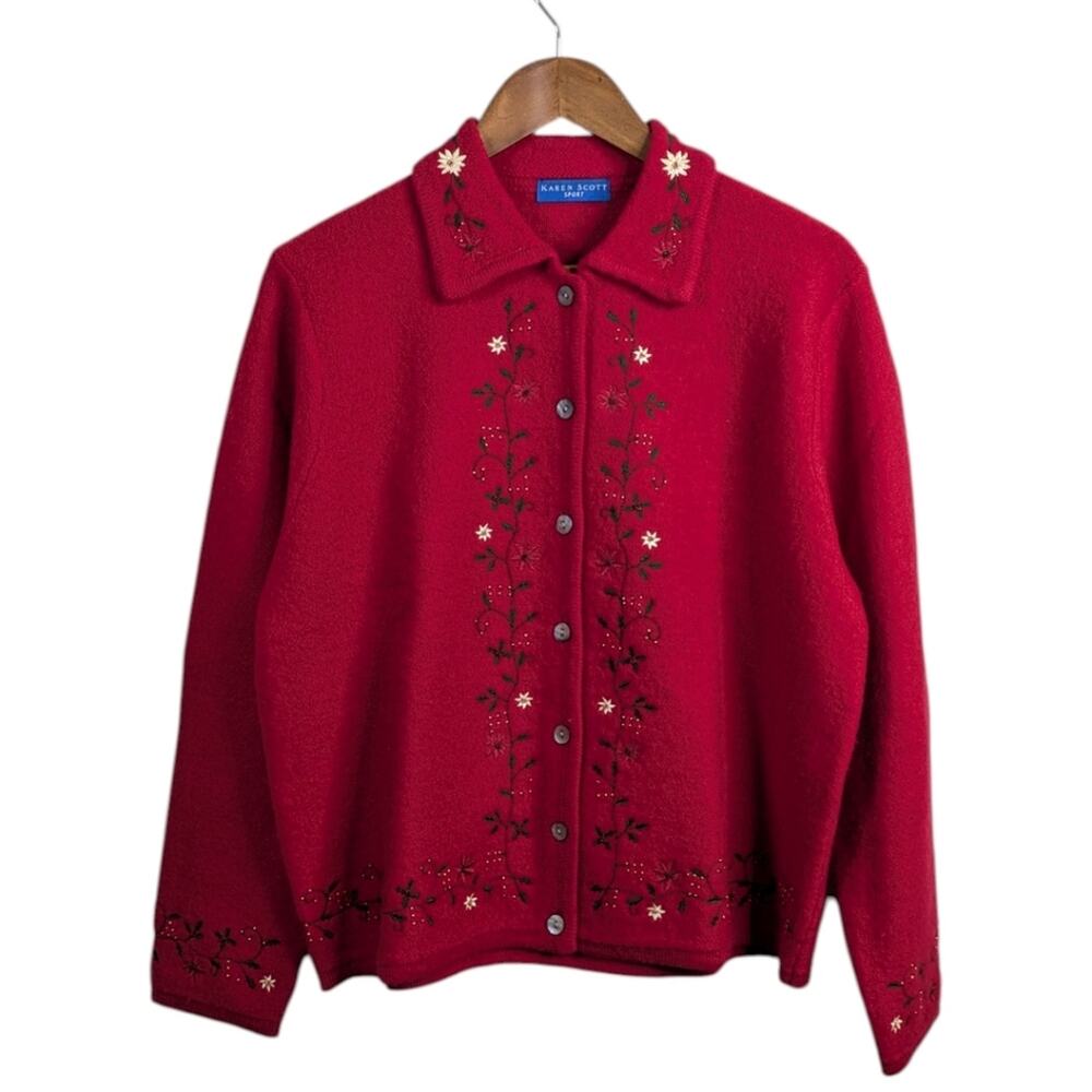 Karen Scott Wool Cardigan Sweater XL Poinsettia Embroidered Holiday Christmas